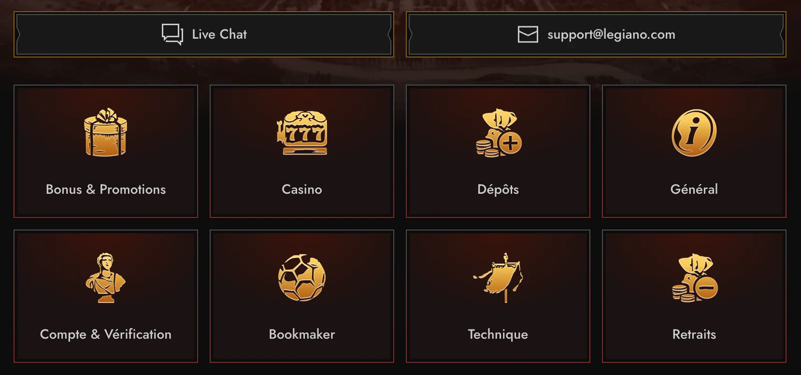Service client et support en ligne 24/7 de Legiano Casino